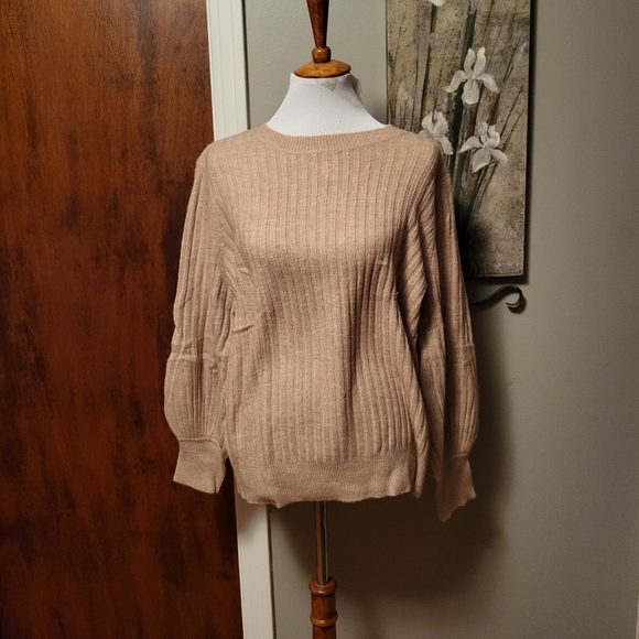 Ann Taylor LOFT Sweater Balloon Sleeve Cashew Heather XL Pullover NWT
